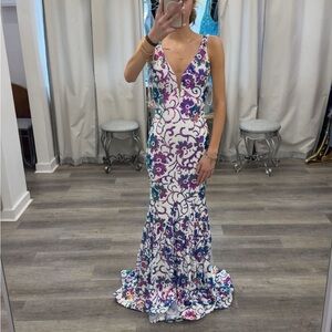 Jovani Purple and Blue Floral Maxi Dress